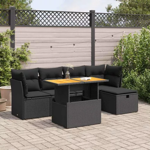  6 részes fekete polyrattan akácfa kerti ülőgarnitúra párnákkal