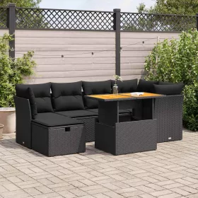    7 részes fekete polyrattan akácfa kerti ülőgarnitúra párnával