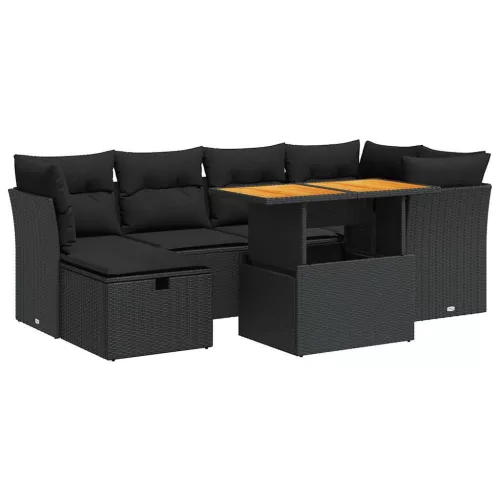  7 részes fekete polyrattan akácfa kerti ülőgarnitúra párnával