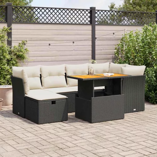  7 részes fekete polyrattan akácfa kerti ülőgarnitúra párnával