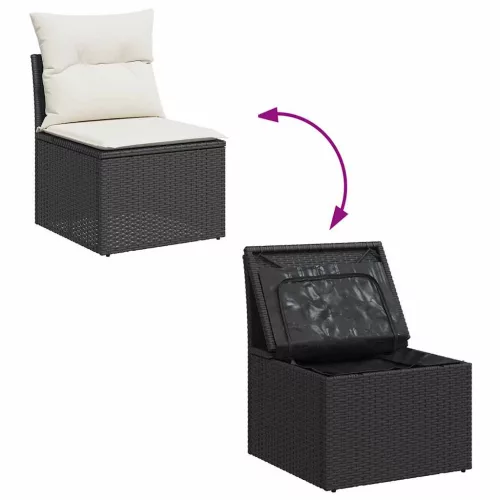  7 részes fekete polyrattan akácfa kerti ülőgarnitúra párnával