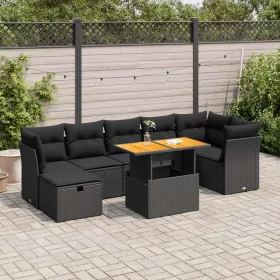    8 részes fekete polyrattan akácfa kerti ülőgarnitúra párnákkal