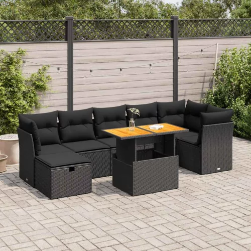  8 részes fekete polyrattan akácfa kerti ülőgarnitúra párnákkal