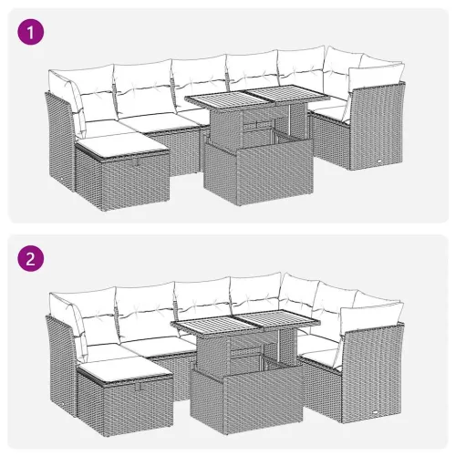  8 részes fekete polyrattan akácfa kerti ülőgarnitúra párnákkal