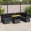  9 részes fekete polyrattan akácfa kerti ülőgarnitúra párnákkal