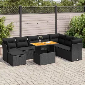    9 részes fekete polyrattan akácfa kerti ülőgarnitúra párnákkal