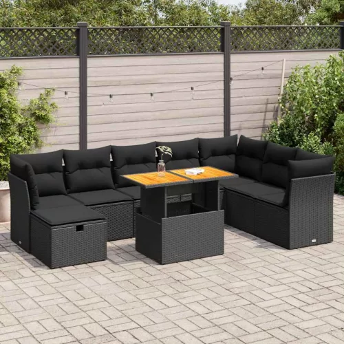  9 részes fekete polyrattan akácfa kerti ülőgarnitúra párnákkal