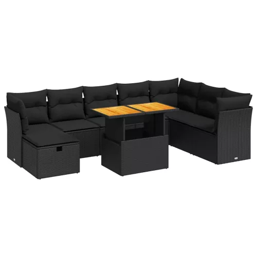  9 részes fekete polyrattan akácfa kerti ülőgarnitúra párnákkal