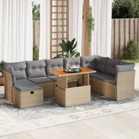    9 részes bézs polyrattan akácfa kerti ülőgarnitúra párnákkal