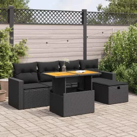    6 részes fekete polyrattan akácfa kerti ülőgarnitúra párnákkal