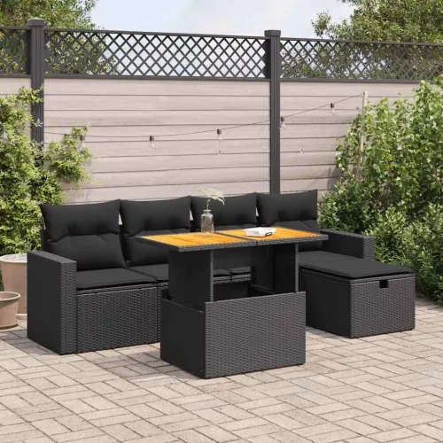  6 részes fekete polyrattan akácfa kerti ülőgarnitúra párnákkal