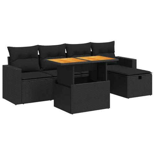  6 részes fekete polyrattan akácfa kerti ülőgarnitúra párnákkal