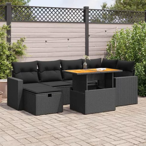  8 részes fekete polyrattan akácfa kerti ülőgarnitúra párnákkal