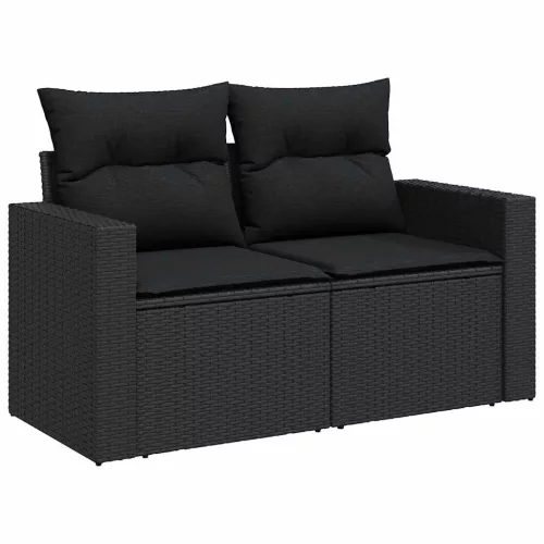  8 részes fekete polyrattan akácfa kerti ülőgarnitúra párnákkal
