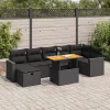  5 részes fekete polyrattan akácfa kerti kanapészett párnákkal