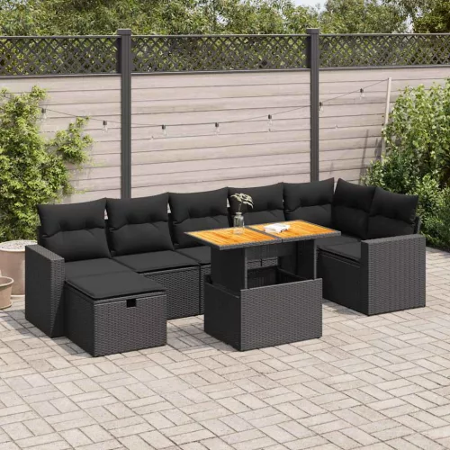  5 részes fekete polyrattan akácfa kerti kanapészett párnákkal