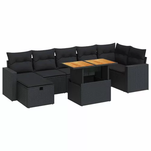  5 részes fekete polyrattan akácfa kerti kanapészett párnákkal