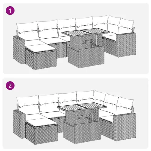  5 részes fekete polyrattan akácfa kerti kanapészett párnákkal