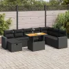  9 részes fekete polyrattan akácfa kerti ülőgarnitúra párnákkal