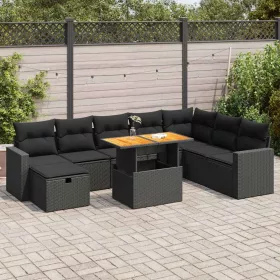    9 részes fekete polyrattan akácfa kerti ülőgarnitúra párnákkal