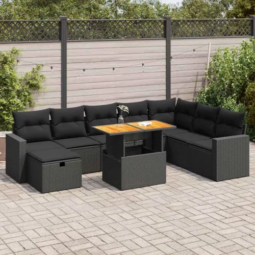  9 részes fekete polyrattan akácfa kerti ülőgarnitúra párnákkal