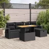  6 részes fekete polyrattan akácfa kerti ülőgarnitúra párnákkal