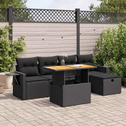  6 részes fekete polyrattan akácfa kerti ülőgarnitúra párnákkal