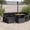  8 részes fekete polyrattan akácfa kerti ülőgarnitúra párnákkal