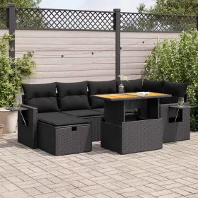    8 részes fekete polyrattan akácfa kerti ülőgarnitúra párnákkal
