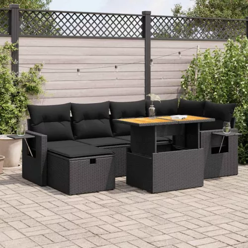  8 részes fekete polyrattan akácfa kerti ülőgarnitúra párnákkal