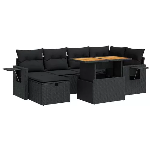  8 részes fekete polyrattan akácfa kerti ülőgarnitúra párnákkal