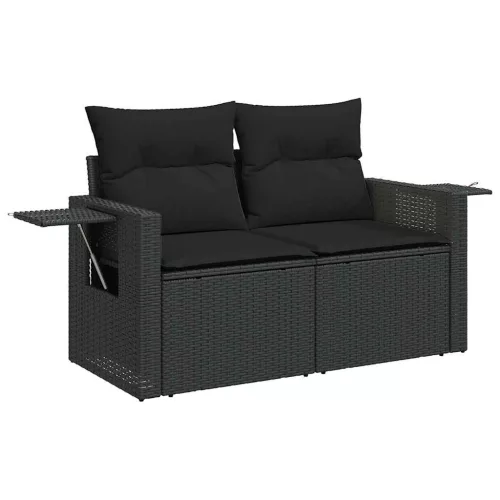 8 részes fekete polyrattan akácfa kerti ülőgarnitúra párnákkal
