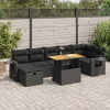  5 részes fekete polyrattan akácfa kerti kanapészett párnákkal