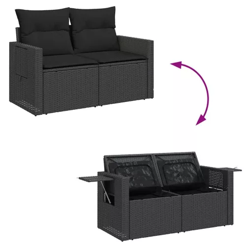  5 részes fekete polyrattan akácfa kerti kanapészett párnákkal