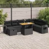  9 részes fekete polyrattan akácfa kerti ülőgarnitúra párnákkal