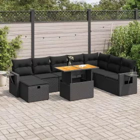    9 részes fekete polyrattan akácfa kerti ülőgarnitúra párnákkal