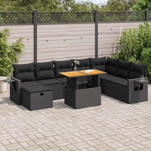 9 részes fekete polyrattan akácfa kerti ülőgarnitúra párnákkal