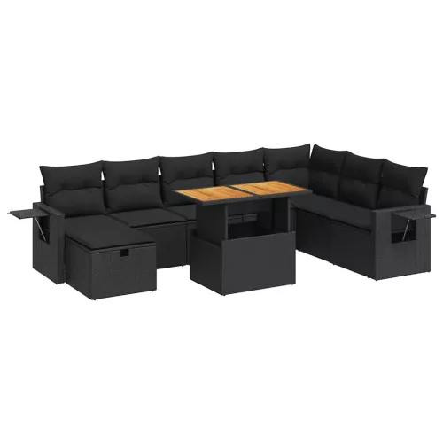  9 részes fekete polyrattan akácfa kerti ülőgarnitúra párnákkal