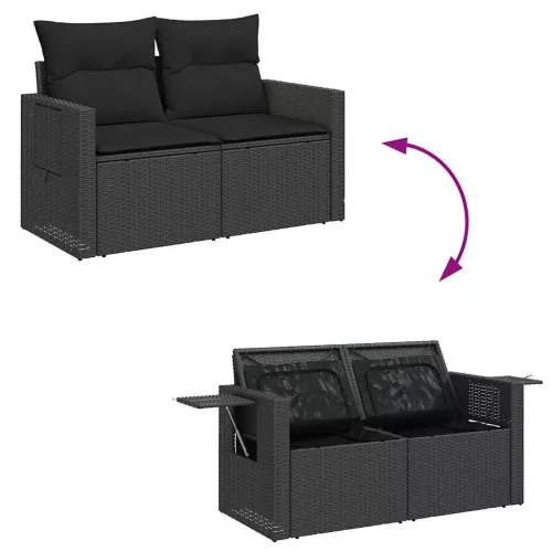  9 részes fekete polyrattan akácfa kerti ülőgarnitúra párnákkal
