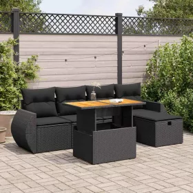    6 részes fekete polyrattan akácfa kerti ülőgarnitúra párnákkal