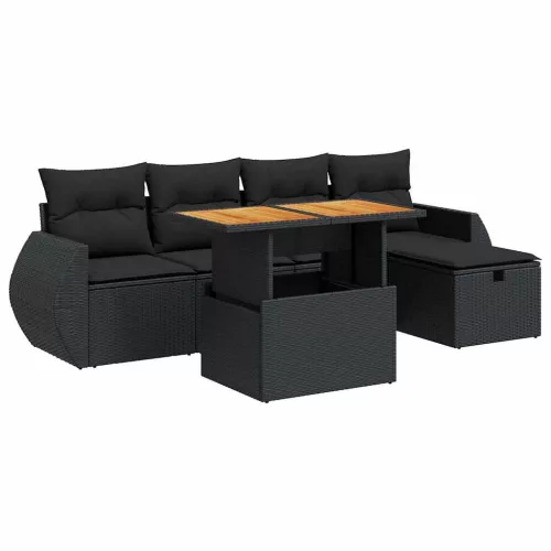  6 részes fekete polyrattan akácfa kerti ülőgarnitúra párnákkal