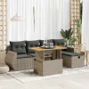 6 részes szürke polyrattan akácfa kerti ülőgarnitúra párnákkal