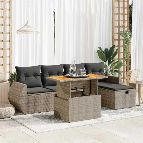  6 részes szürke polyrattan akácfa kerti ülőgarnitúra párnákkal