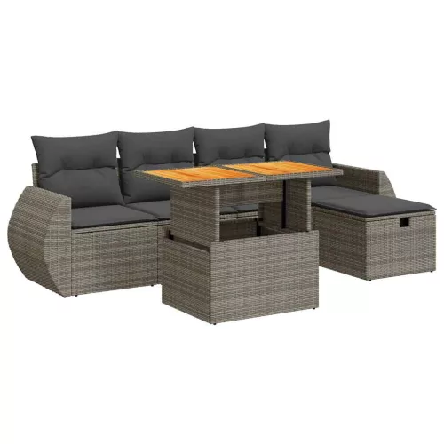  6 részes szürke polyrattan akácfa kerti ülőgarnitúra párnákkal