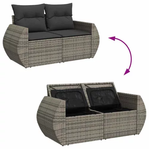  6 részes szürke polyrattan akácfa kerti ülőgarnitúra párnákkal