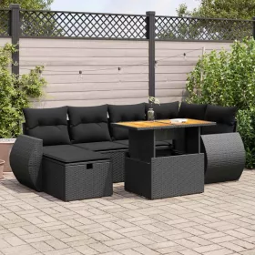    8 részes fekete polyrattan akácfa kerti ülőgarnitúra párnákkal