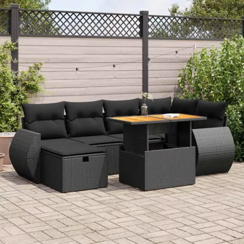  8 részes fekete polyrattan akácfa kerti ülőgarnitúra párnákkal