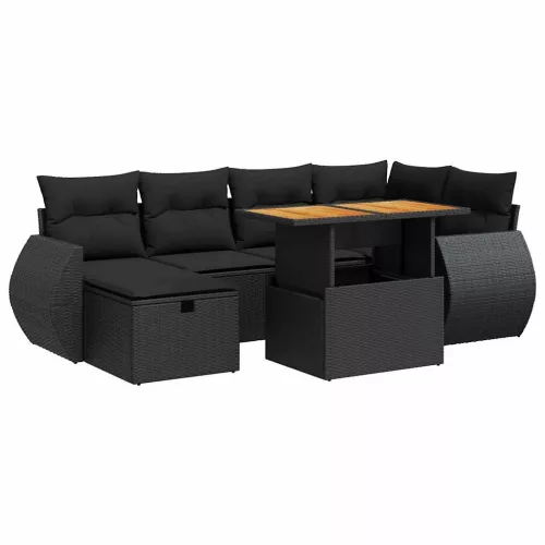  8 részes fekete polyrattan akácfa kerti ülőgarnitúra párnákkal