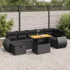  5 részes fekete polyrattan akácfa kerti kanapészett párnákkal