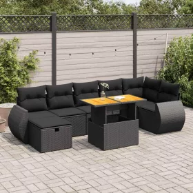    5 részes fekete polyrattan akácfa kerti kanapészett párnákkal